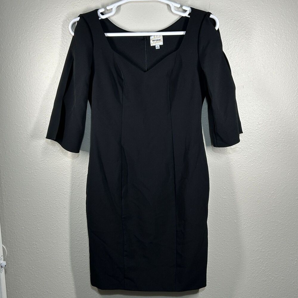 Ashley Graham Dress Womens 10 Black Sheath 3/4 Sleeve V-Neck Stretch Cocktail